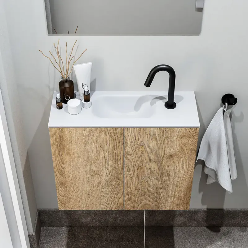 Lage Prijs Zaro Polly toiletmeubel 60cm eiken met witte wastafel met kraangat
