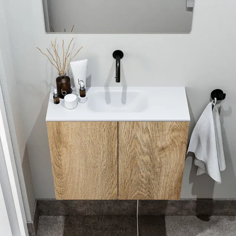 Koop Vandaag Zaro Polly toiletmeubel 60cm eiken met witte wastafel zonder kraangat
