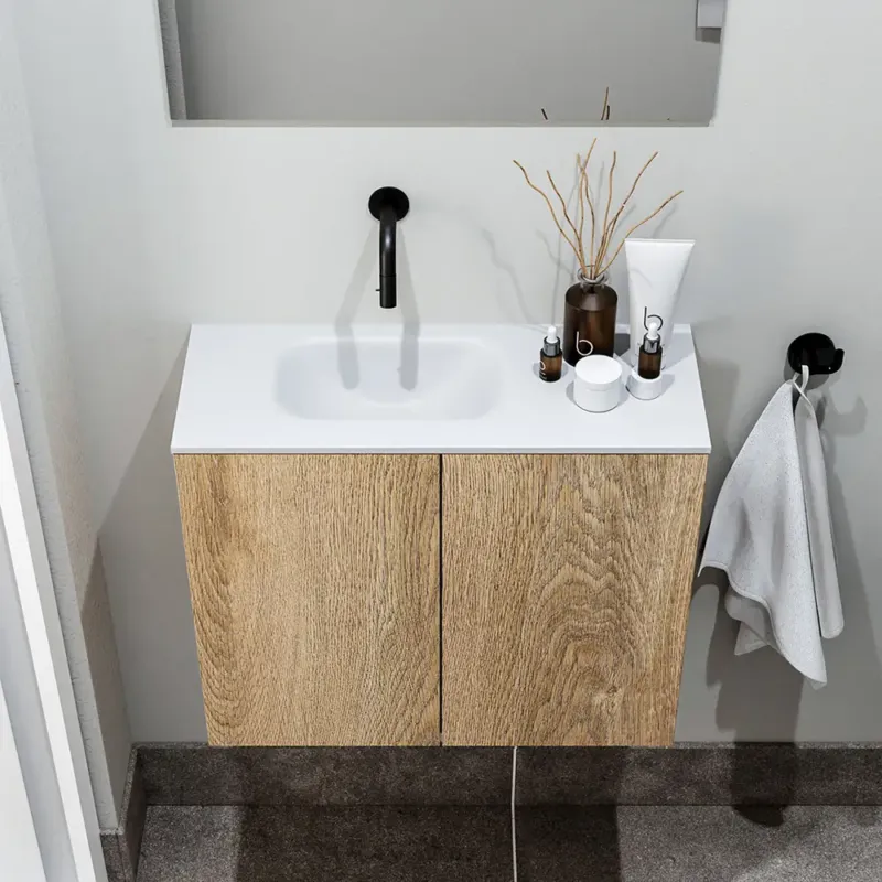 Exclusieve Aanbieding Zaro Polly toiletmeubel 60cm eiken met witte wastafel zonder kraangat links