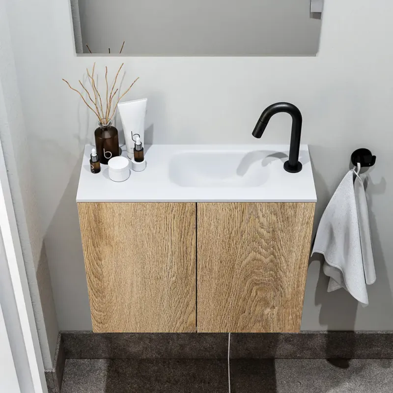 Zaro Polly toiletmeubel 60cm eiken met witte wastafel met kraangat rechts Koop Online