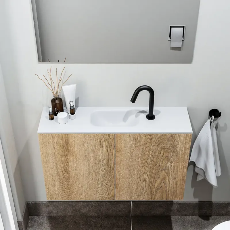Zaro Polly toiletmeubel 80cm eiken met witte wastafel met kraangat Meest Verkocht