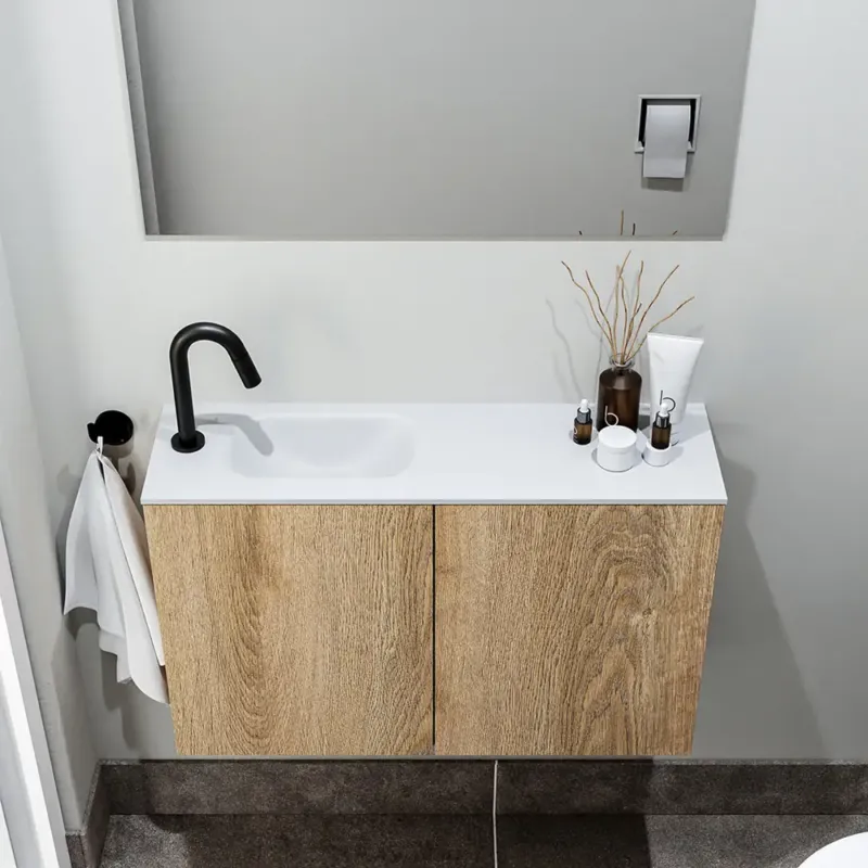 Aanbieding Zaro Polly toiletmeubel 80cm eiken met witte wastafel met kraangat links
