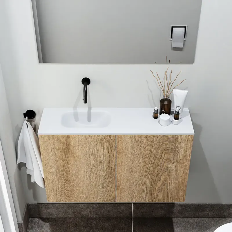 Zaro Polly toiletmeubel 80cm eiken met witte wastafel zonder kraangat links Nu Kopen
