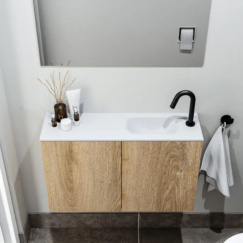 Voordeelprijs Zaro Polly toiletmeubel 80cm eiken met witte wastafel met kraangat rechts