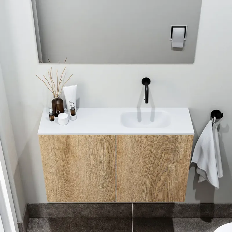 Zaro Polly toiletmeubel 80cm eiken met witte wastafel zonder kraangat rechts Op = Op