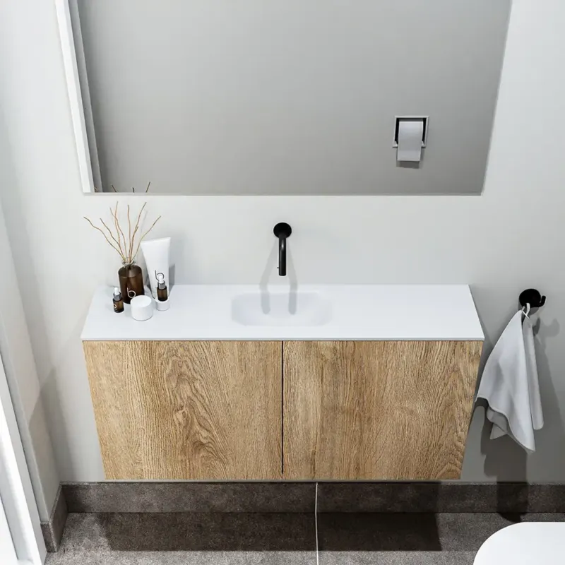 Speciale Aanbieding Zaro Polly toiletmeubel 100cm eiken met witte wastafel zonder kraangat