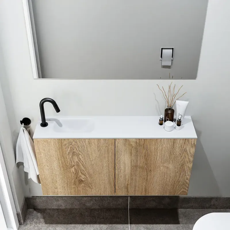 Zaro Polly toiletmeubel 100cm eiken met witte wastafel met kraangat links Beperkte Voorraad