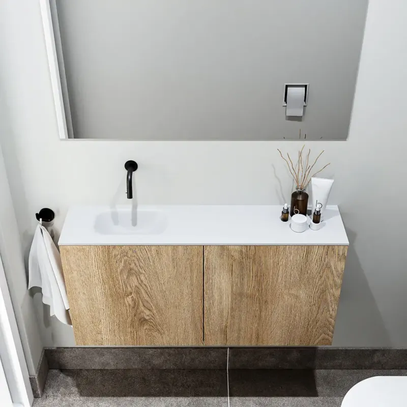 Zaro Polly toiletmeubel 100cm eiken met witte wastafel zonder kraangat links Laatste Versie