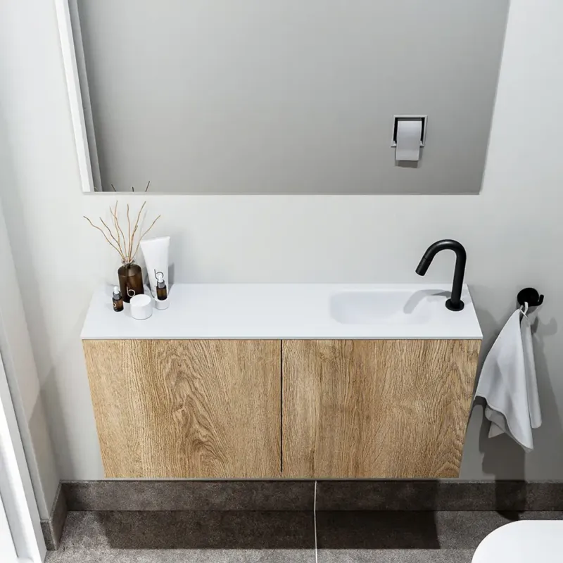 Must-Have Zaro Polly toiletmeubel 100cm eiken met witte wastafel met kraangat rechts