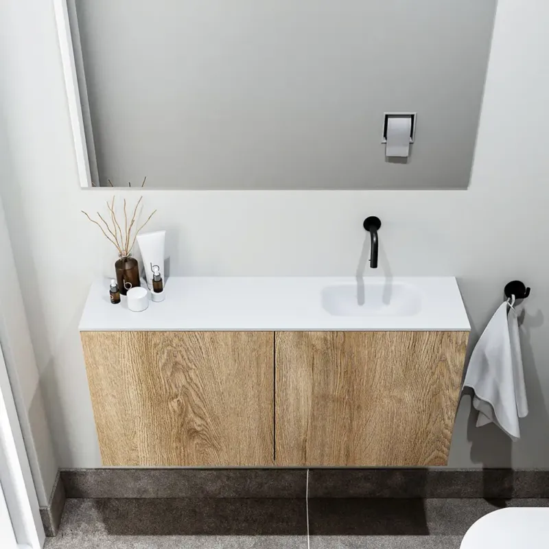 Betaalbaar Zaro Polly toiletmeubel 100cm eiken met witte wastafel zonder kraangat rechts
