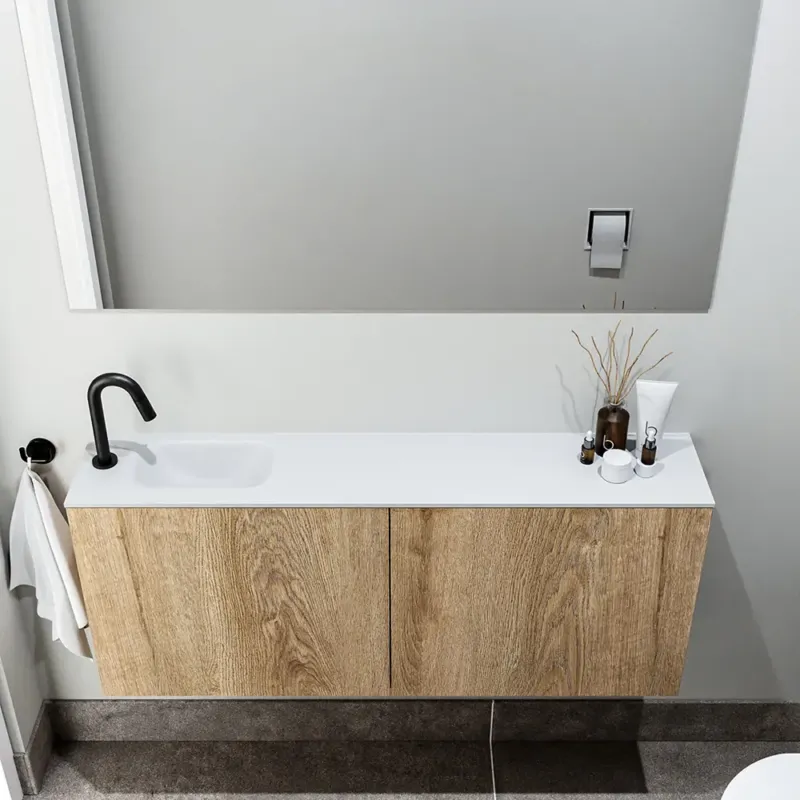 Koopje Zaro Polly toiletmeubel 120cm eiken met witte wastafel met kraangat links
