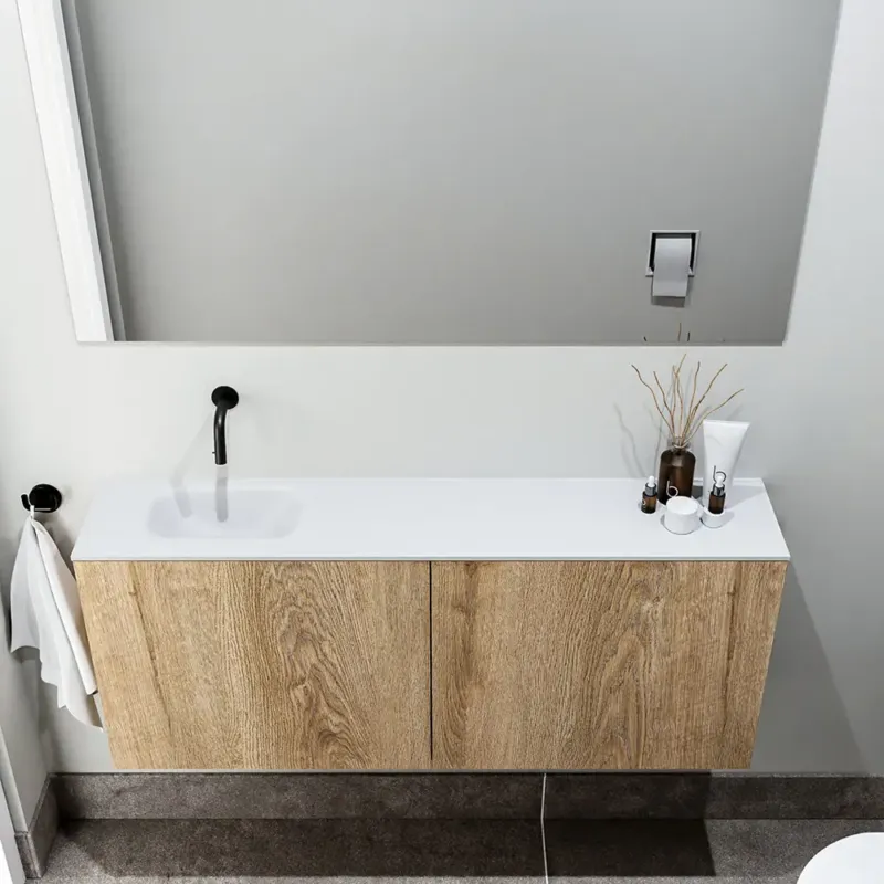 Zaro Polly toiletmeubel 120cm eiken met witte wastafel zonder kraangat links Uitverkoop