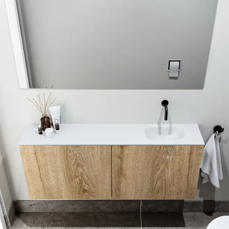 Zaro Polly toiletmeubel 120cm eiken met witte wastafel zonder kraangat rechts Speciale Aanbieding