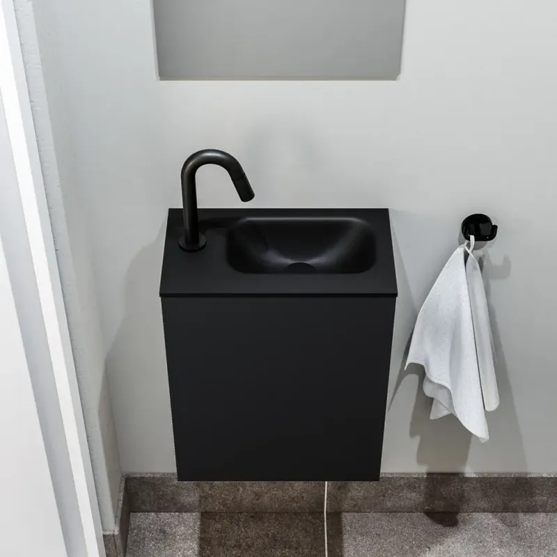Exclusieve Aanbieding Zaro Polly toiletmeubel 40cm mat zwart met zwarte wastafel met kraangat links