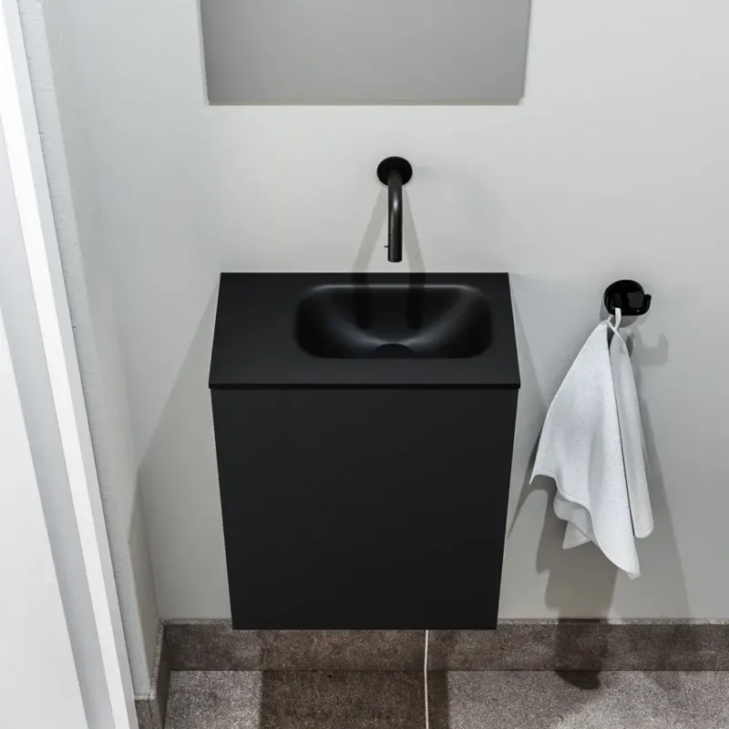 Zaro Polly toiletmeubel 40cm mat zwart met zwarte wastafel zonder kraangat rechts Gratis Retour