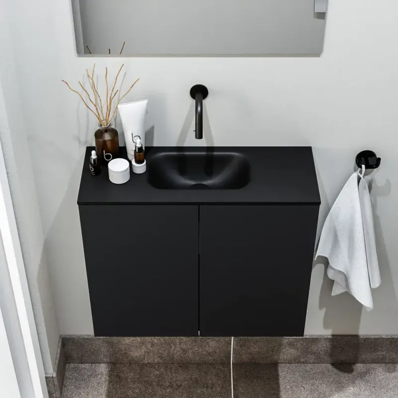 Zaro Polly toiletmeubel 60cm mat zwart met zwarte wastafel zonder kraangat Direct Verzonden
