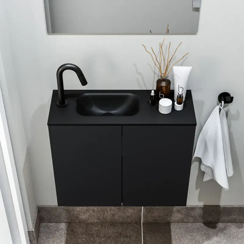 Zaro Polly toiletmeubel 60cm mat zwart met zwarte wastafel met kraangat links Veilige Betaling