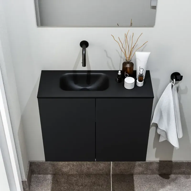 Zaro Polly toiletmeubel 60cm mat zwart met zwarte wastafel zonder kraangat links Bestel Nu