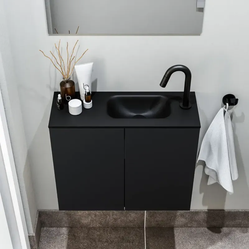 Koop Vandaag Zaro Polly toiletmeubel 60cm mat zwart met zwarte wastafel met kraangat rechts