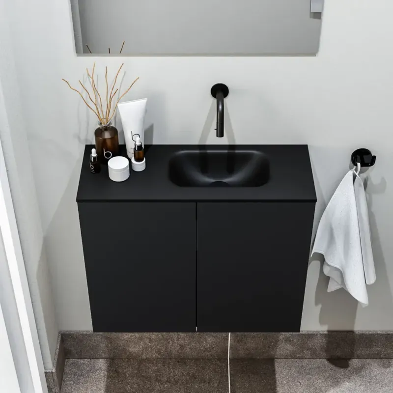 Exclusieve Aanbieding Zaro Polly toiletmeubel 60cm mat zwart met zwarte wastafel zonder kraangat rechts