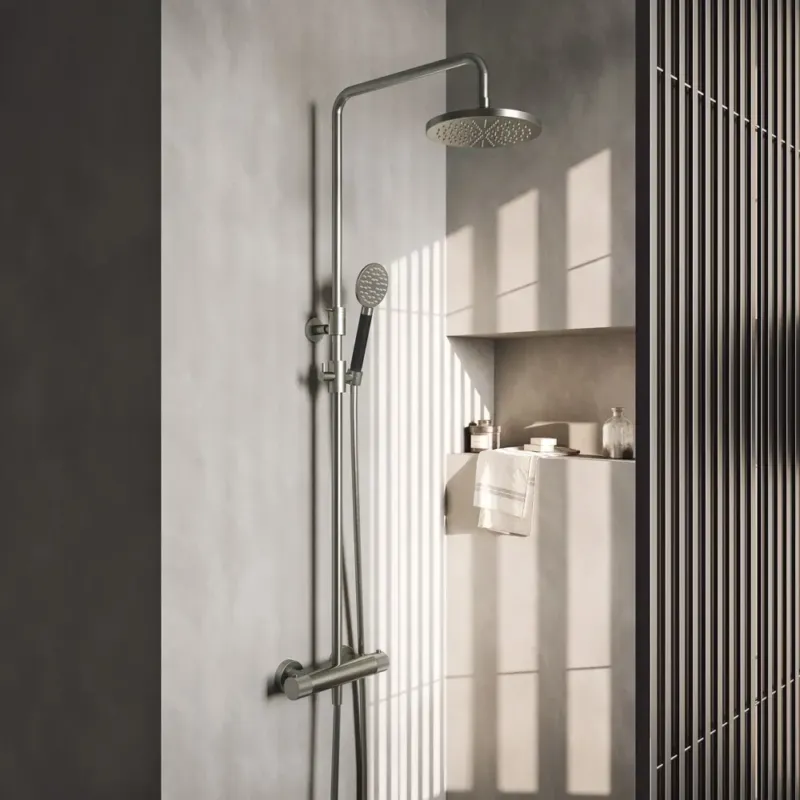 Hotbath Cobber X thermostatische opbouw doucheset met ronde handdouche en 30cm hoofddouche geborsteld nikkel Shop Nu
