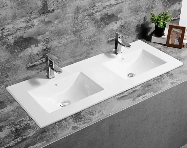 Fontana Latina dubbele keramische wastafel 120cm met kraangaten wit glans Nieuw