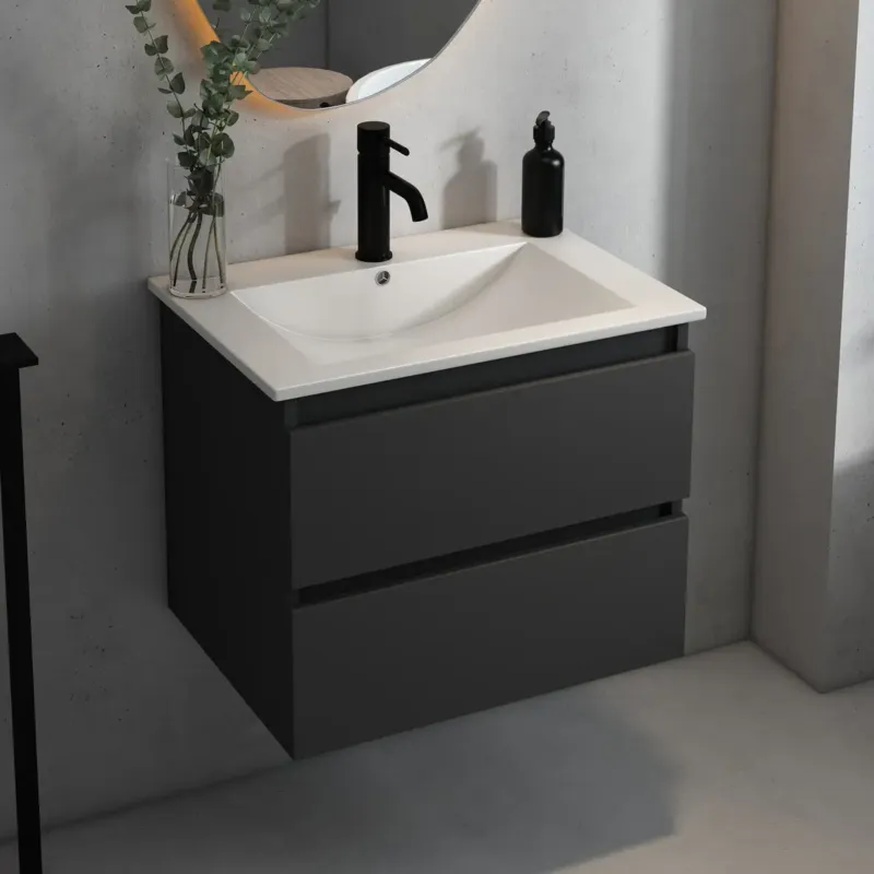 Gereduceerde Prijs Fontana Rovigo badmeubel 60cm met witte wastafel en kraangat zwart mat