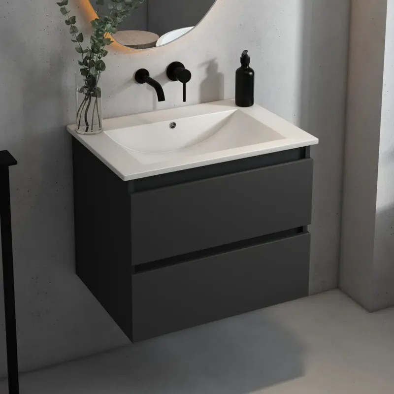 Hoge Kwaliteit Fontana Rovigo badmeubel 60cm met witte wastafel zonder kraangat zwart mat