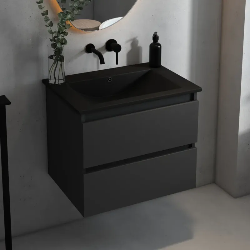 Fontana Rovigo badmeubel 60cm met zwarte wastafel zonder kraangat zwart mat Speciale Aanbieding