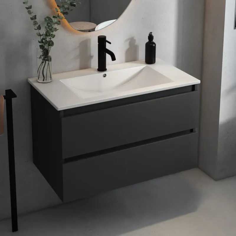 Fontana Rovigo badmeubel 80cm met witte wastafel en kraangat zwart mat Hete Deal