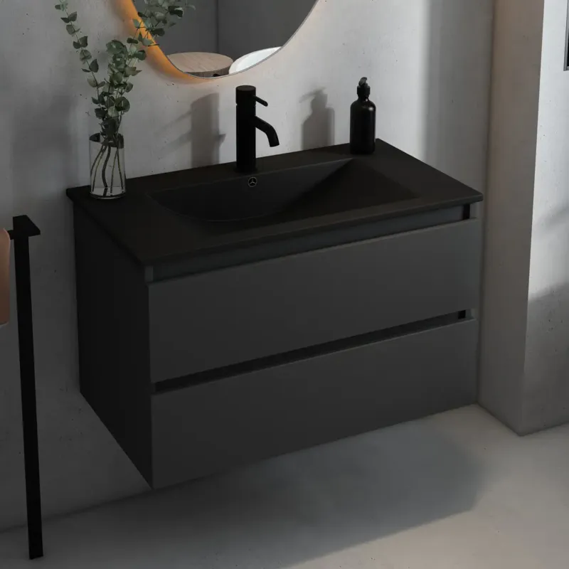 Actieprijs Fontana Rovigo badmeubel 80cm met zwarte wastafel en kraangat zwart mat