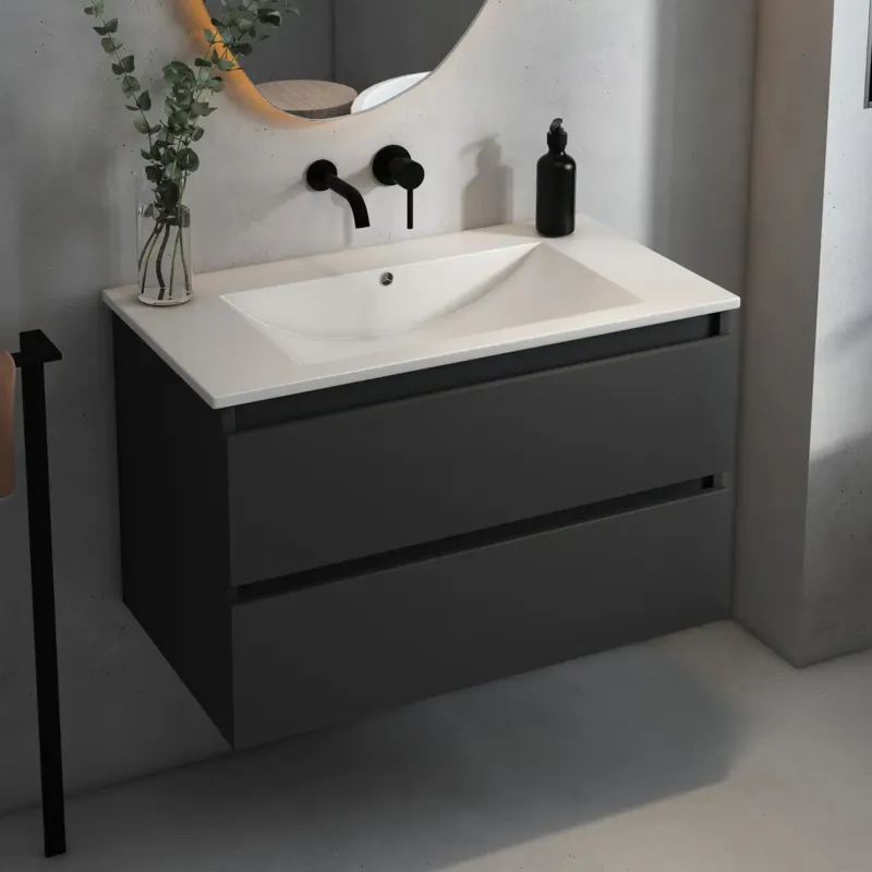 Gecertificeerd Fontana Rovigo badmeubel 80cm met witte wastafel zonder kraangat zwart mat