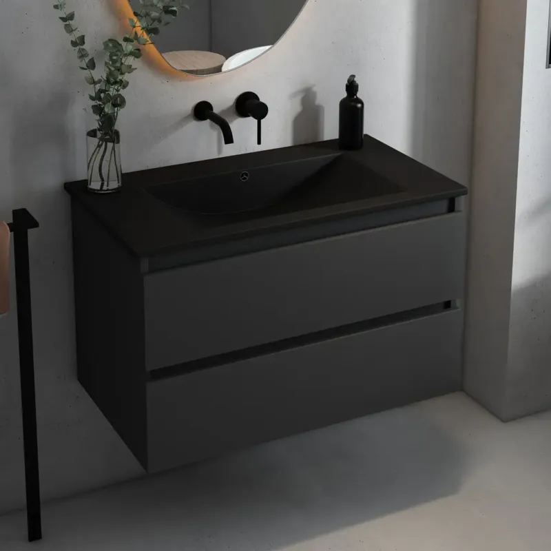 Fontana Rovigo badmeubel 80cm met zwarte wastafel zonder kraangat zwart mat Speciale Aanbieding