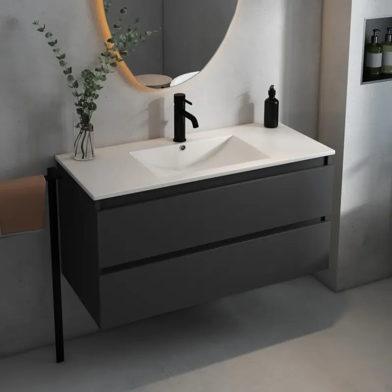 Direct Beschikbaar Fontana Rovigo badmeubel 100cm met witte wastafel en kraangat zwart mat