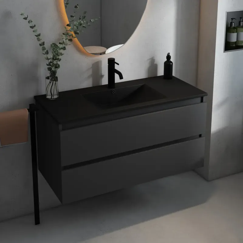 Favoriet Fontana Rovigo badmeubel 100cm met zwarte wastafel en kraangat zwart mat