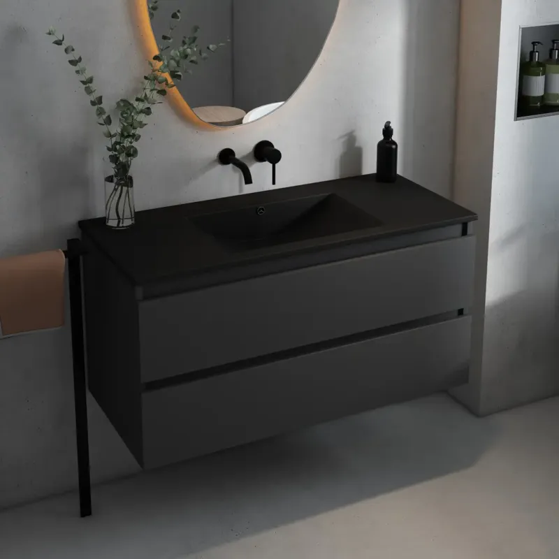Fontana Rovigo badmeubel 100cm met zwarte wastafel zonder kraangat zwart mat Beperkte Voorraad