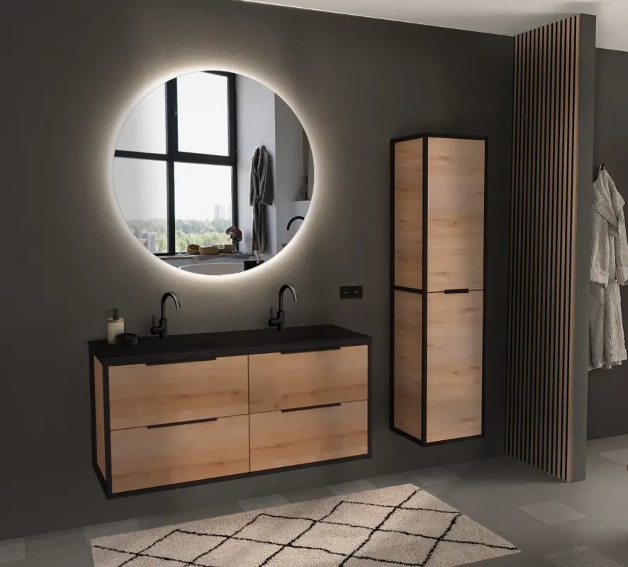 Beperkt Aanbod Fontana Elba badmeubel 120cm met zwarte wastafel en kraangaten eiken