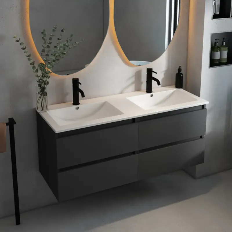 Fontana Rovigo badmeubel 120cm met witte wastafel met kraangaten zwart mat Merkproduct
