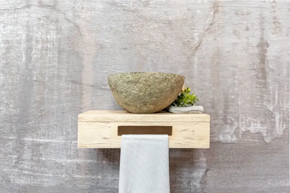 Saniclear Seba fontein met eiken plank en rivierstenen waskom voor in het toilet Goedkoop
