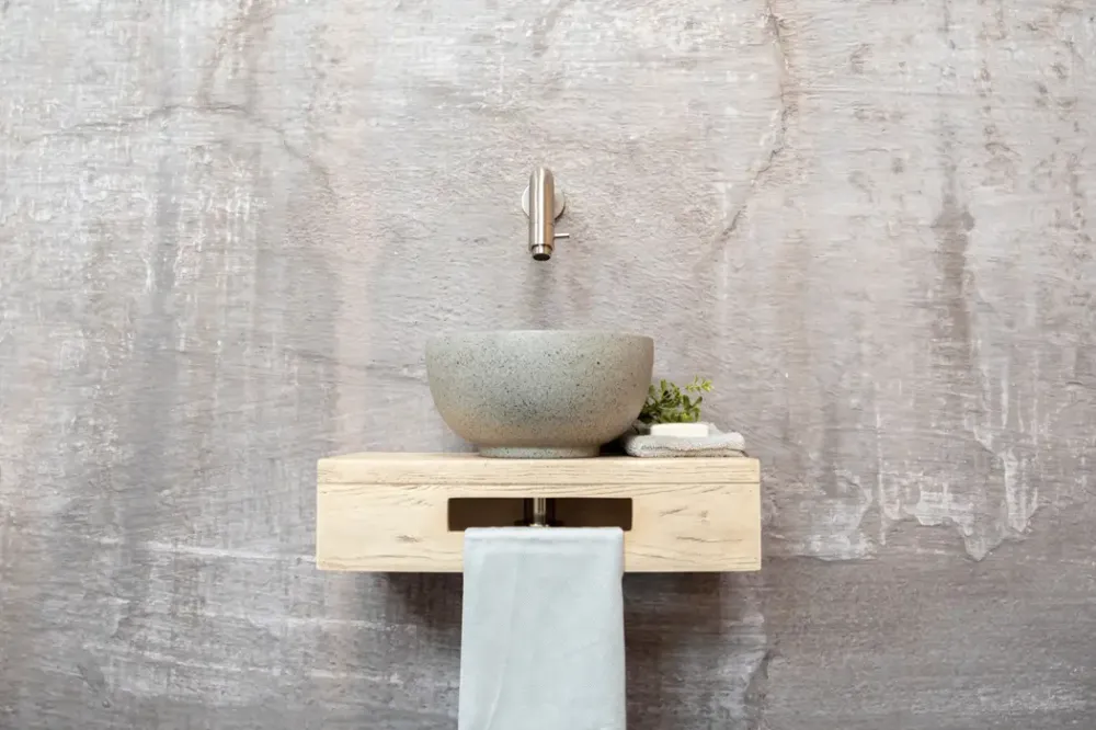Shop Nu Saniclear Seba fonteinset met eiken plank, grijze terrazzo waskom en RVS kraan voor in het toilet
