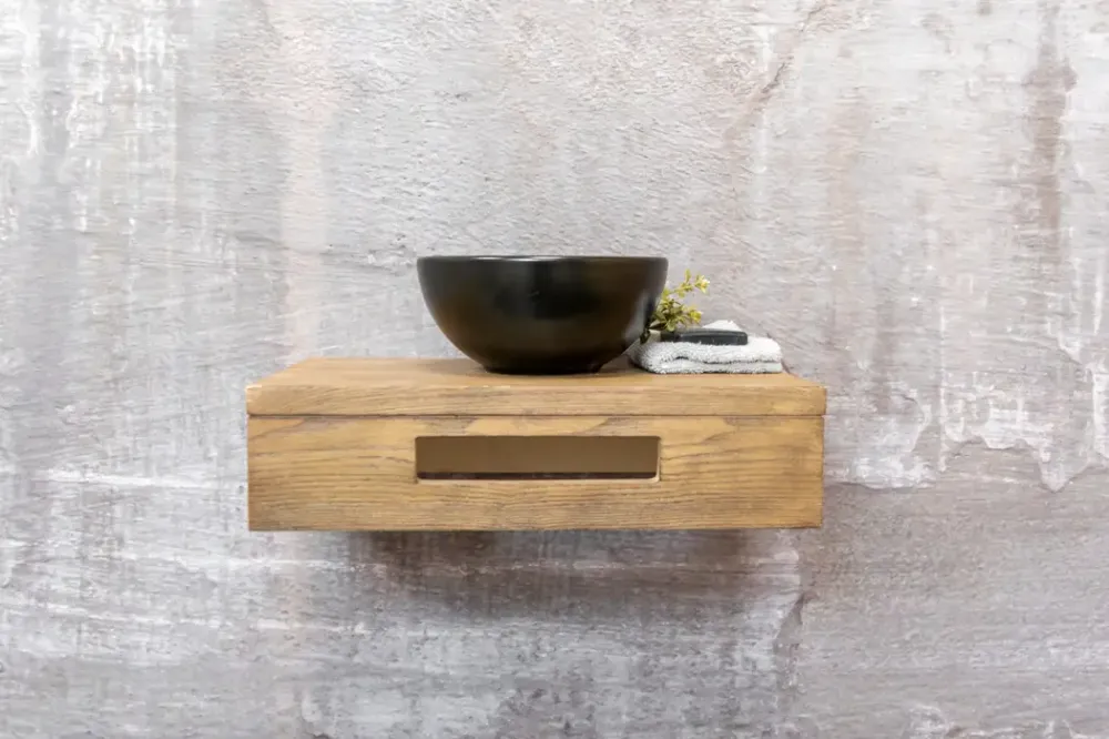 Saniclear Seba fontein met bruin eiken plank en zwarte waskom voor in het toilet Premium