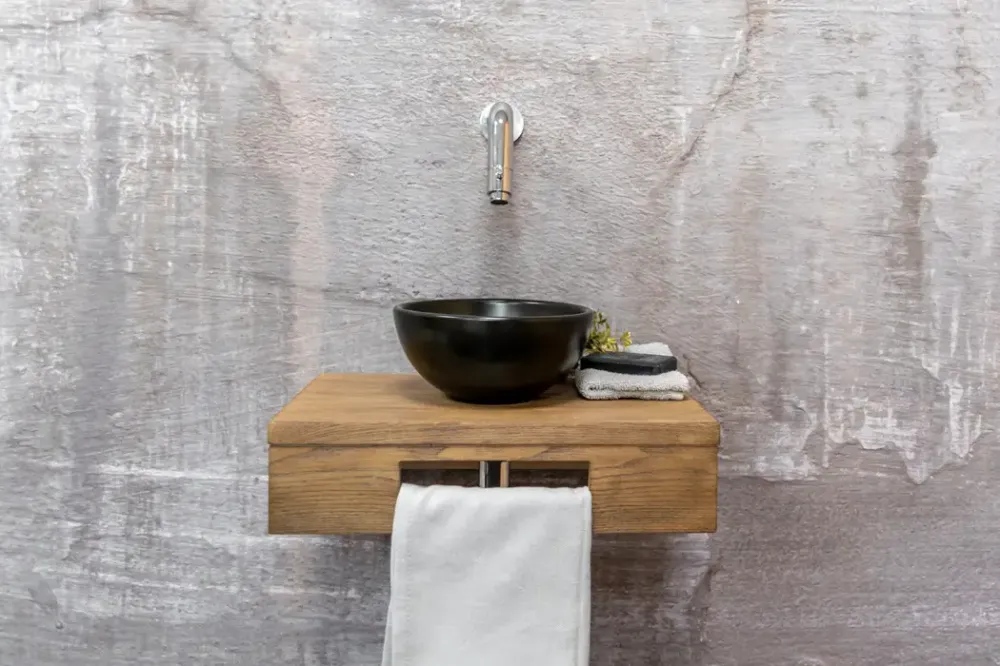 Snelle Levering Saniclear Seba fonteinset met bruin eiken plank, zwarte waskom en chromen kraan voor in het toilet