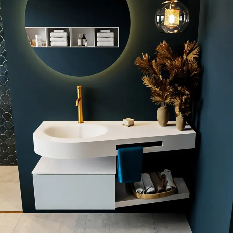 Aanbieding Mondiaz Riva badmeubel 120cm Clay met 1 lade en wastafel links 1 kraangat Talc