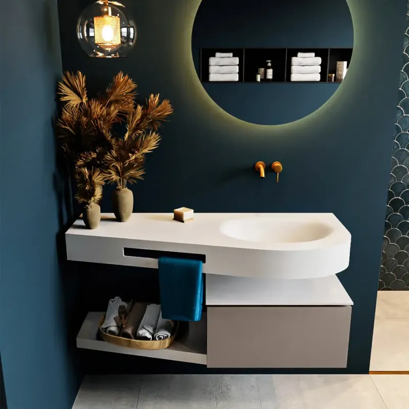 Must-Have Mondiaz Riva badmeubel 120cm Smoke met 1 lade en wastafel rechts 0 kraangaten Talc