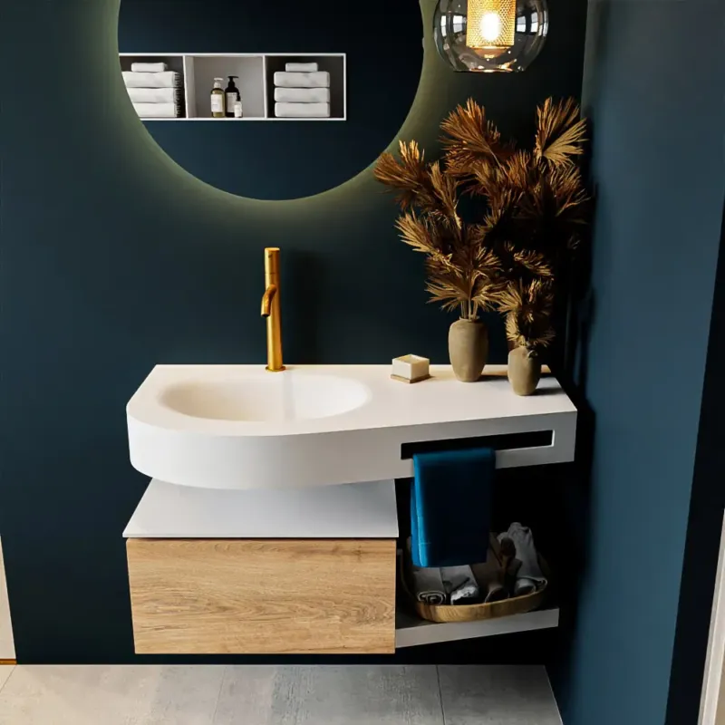 Seizoensaanbieding Mondiaz Riva badmeubel 100cm Washed Oak met 1 lade en wastafel links 1 kraangat Talc