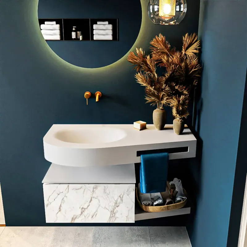 Aanbieding Mondiaz Riva badmeubel 100cm Carrara met 1 lade en wastafel links 0 kraangaten Talc