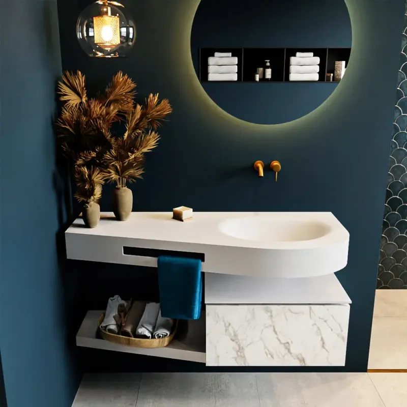 Actieprijs Mondiaz Riva badmeubel 120cm Carrara met 1 lade en wastafel rechts 0 kraangaten Talc