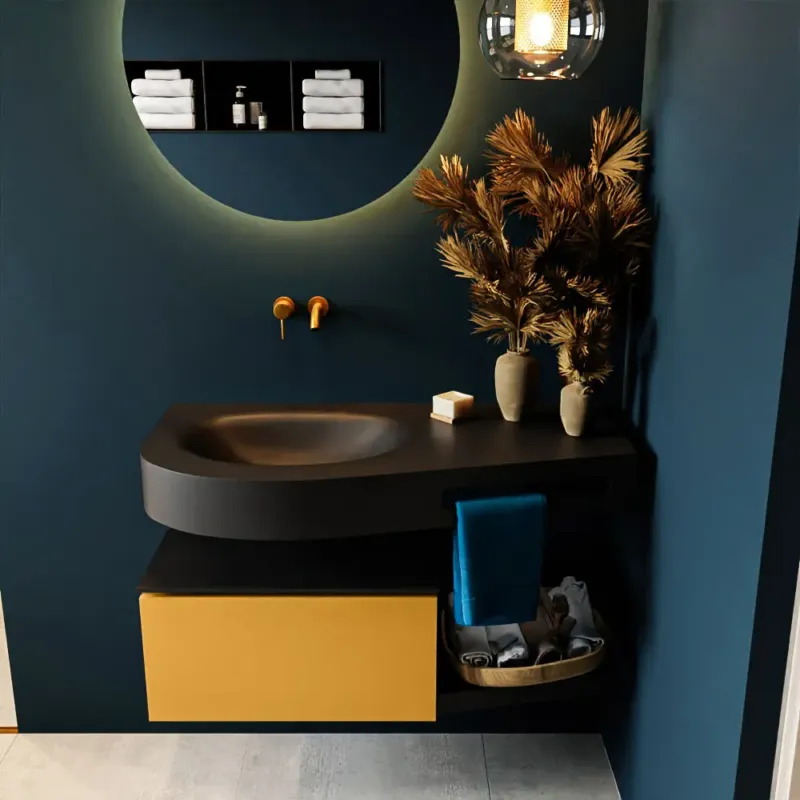 Premium Mondiaz Riva badmeubel 100cm Ocher met 1 lade en wastafel links 0 kraangaten Urban
