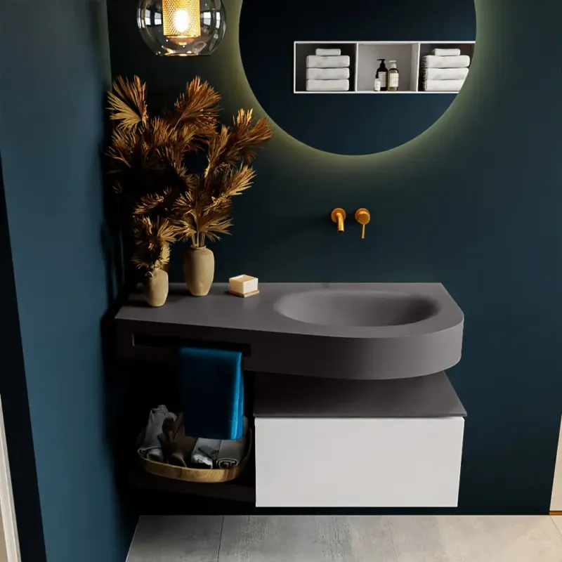 Snelle Levering Mondiaz Riva badmeubel 100cm Talc met 1 lade en wastafel rechts 0 kraangaten Dark Grey