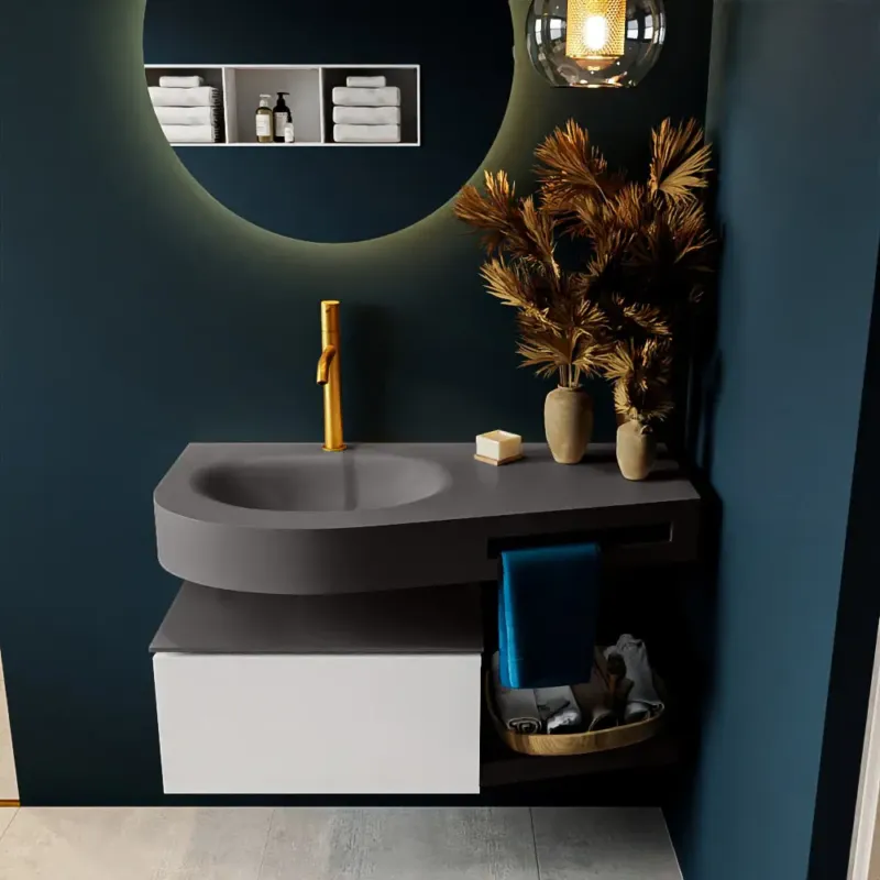 Aanbieding Mondiaz Riva badmeubel 100cm Talc met 1 lade en wastafel links 1 kraangat Dark Grey